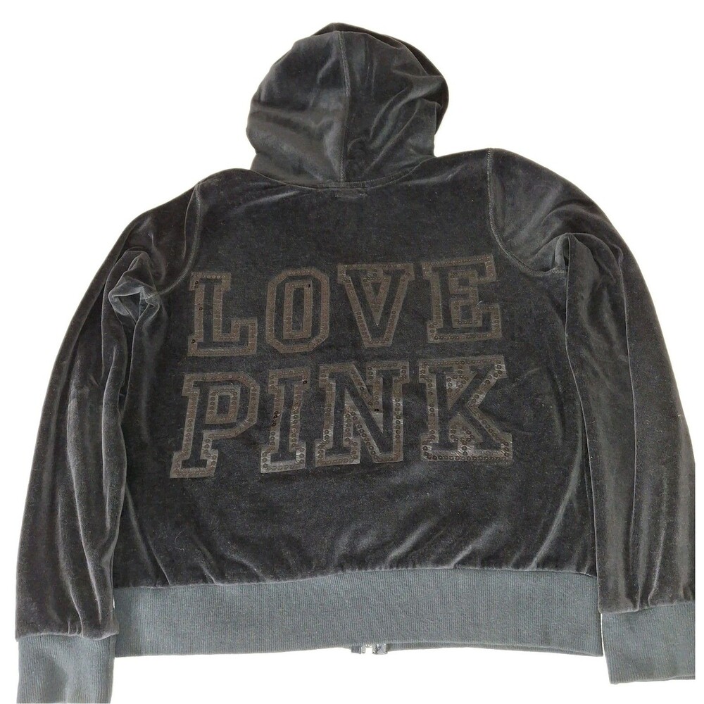 Victorias Secret PINK Y2K Velour Jacket Womens M On Point Logo Sequin Zip Black